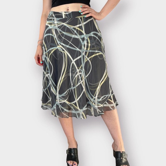 Y2K‎ Jones New York Gray and Yellow Silk Midi Skirt - Picture 1 of 6